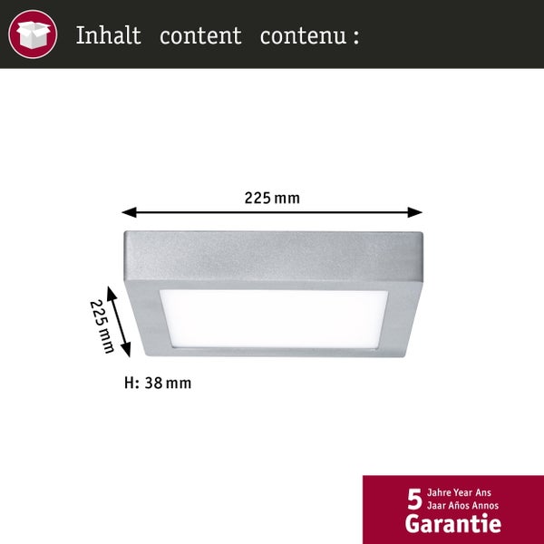 Quadratisches LED-Panel mit den Maßen 225 Millimeter mal 225 Millimeter, einer Höhe von 38 Millimeter und 5 Jahren Garantie.