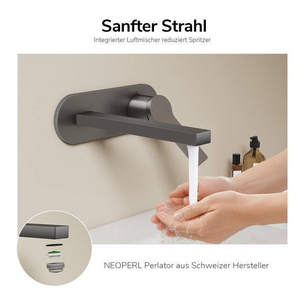 Wandwaschtischarmatur mit integriertem Neoperl Luftsprudler für einen sanften Strahl, Hände werden unter dem Wasserhahn gewaschen.