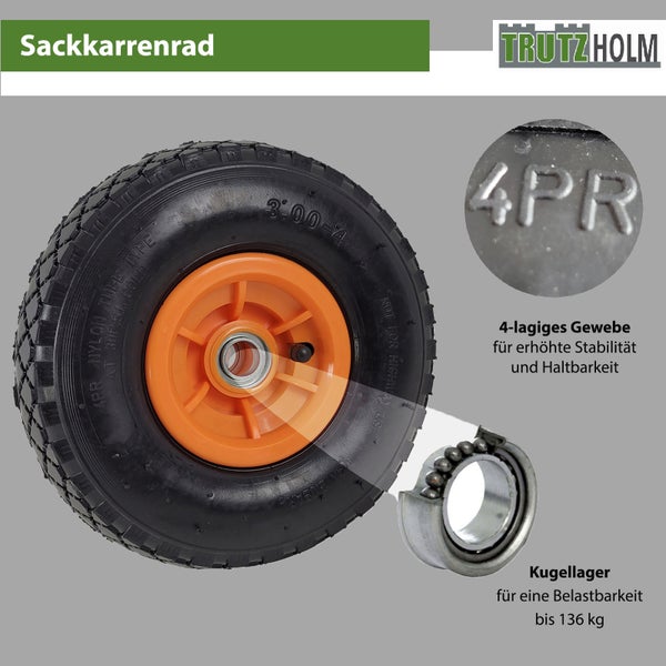 Trutzholm Sackkarrenrad 3.00-4 mit 4-lagigem Gewebe und Kugellager für 136 Kilogramm Belastbarkeit.