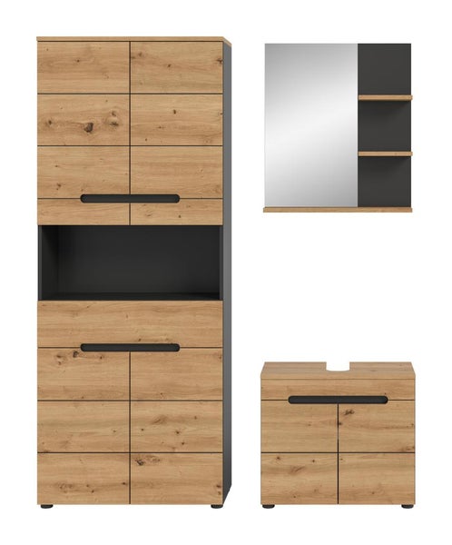 Badezimmermöbel-Set in Eiche-Optik und Anthrazit, bestehend aus Hochschrank, Spiegel mit Regalelement und Waschbeckenunterschrank.