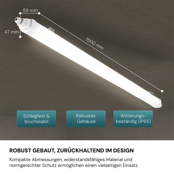 LUXULA LED Feuchtraumleuchte 150cm 48W 5760lm 4000K Neutralweiß IP65 IK06 Durchschleifbar