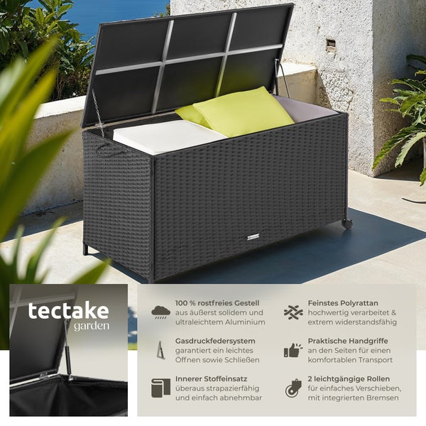 Auflagenbox tectake Kuusamo 117 x 54 x 64 cm mit Aluminiumgestell und Rattangeflecht schwarz