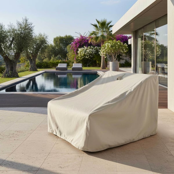 Beige Schutzhülle für Gartenmöbel auf einer sonnigen Terrasse am Pool in einem modernen Garten.