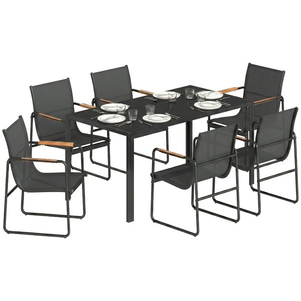 Modernes Gartenmöbel-Set mit rechteckigem Metalltisch und sechs Stühlen mit Textilbespannung und Holzarmlehnen.
