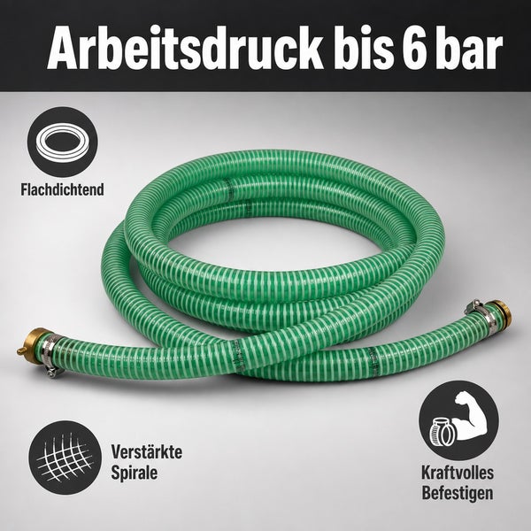 Saugschlauch mit Arbeitsdruck bis 6 bar, flachdichtend, mit verstärkter Spirale und robuster Schlauchklemme für festen Halt.