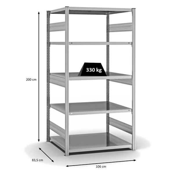 PROREGAL Fachbodenregal Stecksystem T-Profil Heavy-Duty Grundregal HxBxT 200 x 100 x 80 cm 5 Ebenen Fachlast 330 kg Beidseitig Nutzbar Verzinkt