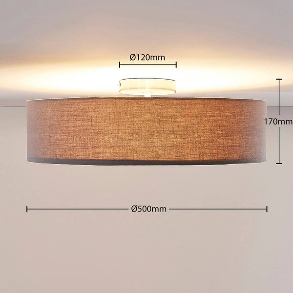 Deckenleuchte mit Textilschirm, Durchmesser 500 Millimeter, Höhe 170 Millimeter, Baldachin Durchmesser 120 Millimeter.