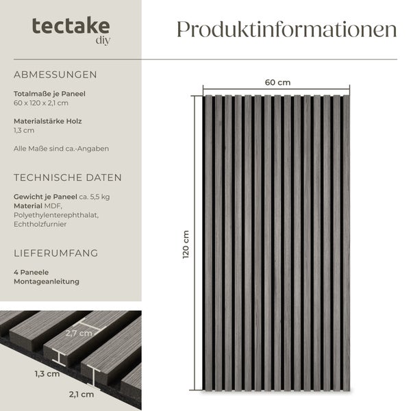 Akustikpaneele tectake Sonic Wall je 60 x 120 x 2,1 cm, Größe flexibel anpassbar Holzoptik in Eiche hellgrau Eiche hellgrau
