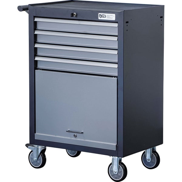 Abschließbarer BGS Werkstattwagen mit vier Schubladen, einem großen Fach, vier Rollen und einem seitlichen Griff.