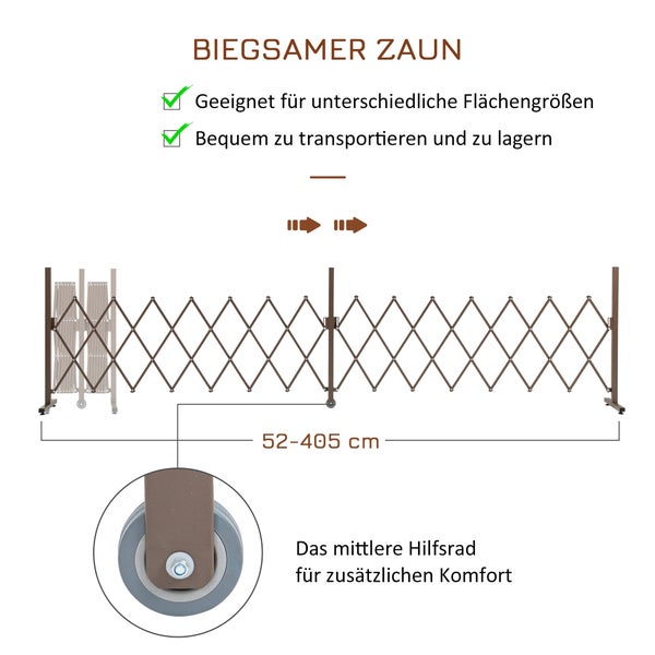 Outsunny Scherengitter, Absperrgitter, ausziehbar, 52-405 cm, H103,5 cm, Alu, Braun