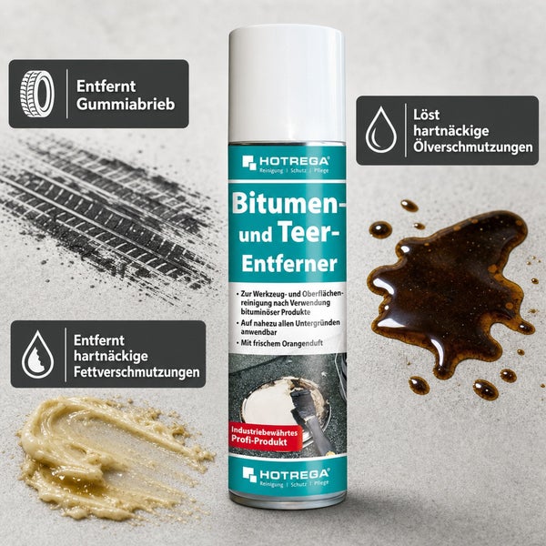 Hotrega Bitumen und Teerentferner Spray zur Reinigung von Werkzeugen und Oberflächen von hartnäckigen Öl Fett und Gummiverschmutzungen
