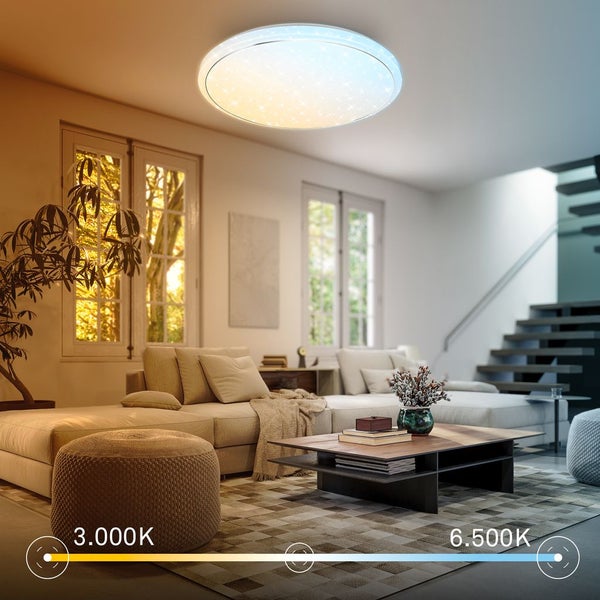Runder LED Deckenleuchte im Wohnzimmer, Farbtemperatur von 3000 bis 6500 Kelvin