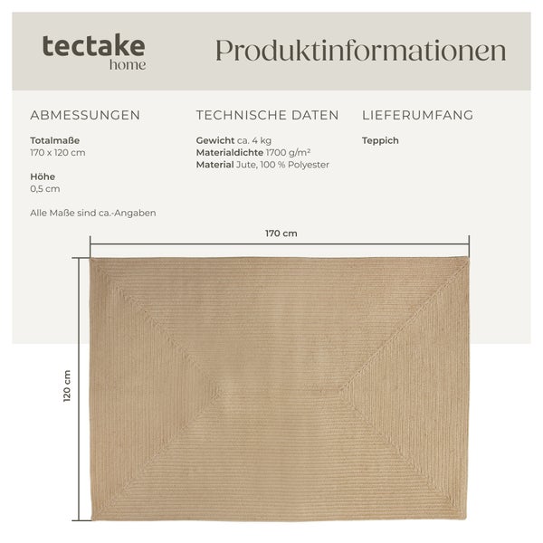 Geflochtener Teppich tectake strapazierfähig und pflegeleicht verschiedene Größen 120 x 170 cm