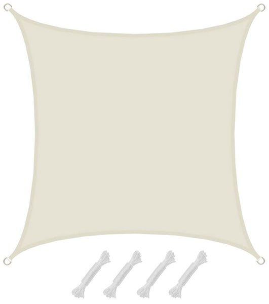 Quadratisches Sonnensegel mit vier Befestigungsseilen und Metallösen an den Ecken.