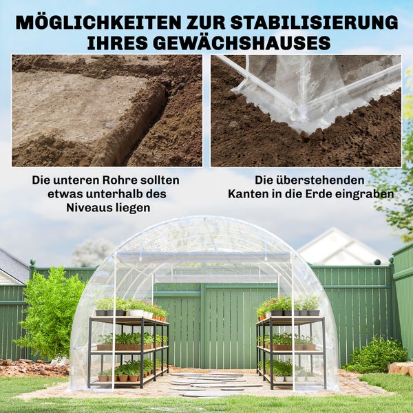 Möglichkeiten zur Stabilisierung eines Foliengewächshauses durch Eingraben der unteren Rohre und Folienkanten in das Erdreich.