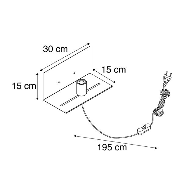 Technische Zeichnung einer Wandleuchte mit den Maßen 30 cm x 15 cm und einer Kabellänge von 195 cm.