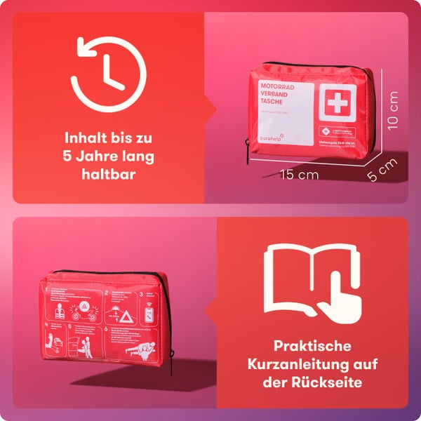 PURAHELP Motorrad Verbandskasten nach aktueller Norm 2024 DIN 13167 (StVO konform) - Inkl. Beatmungstuch - Motorrad Erste Hilfe Set 2024 Mini Klein