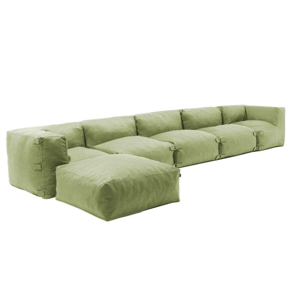 Modulares Ecksofa in Hellgrün mit strukturiertem Stoffbezug und Verbindungsgurten.