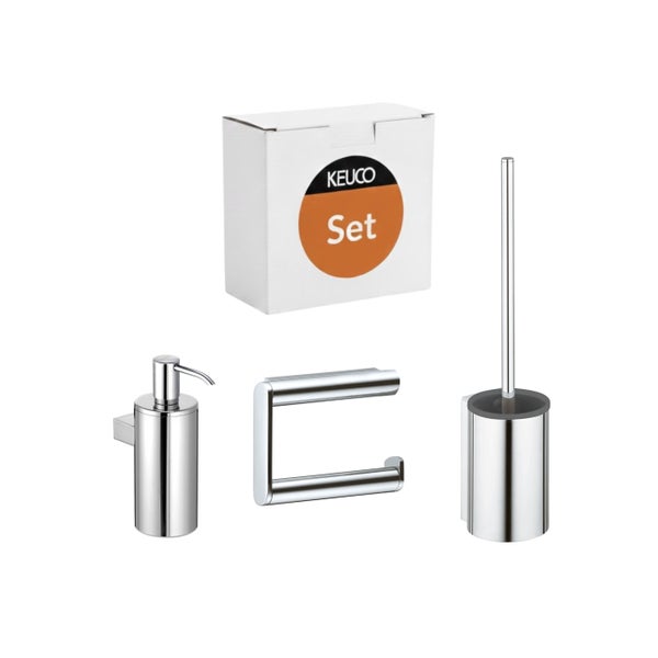 Keuco Badezimmer Accessoire Set bestehend aus Seifenspender, Toilettenpapierhalter und WC Bürstengarnitur in Metall.