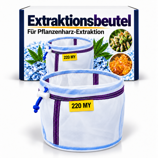 Zwei Extraktionsbeutel mit 220 Mikrometer Maschenweite für die Pflanzenharz-Extraktion vor der Produktverpackung.