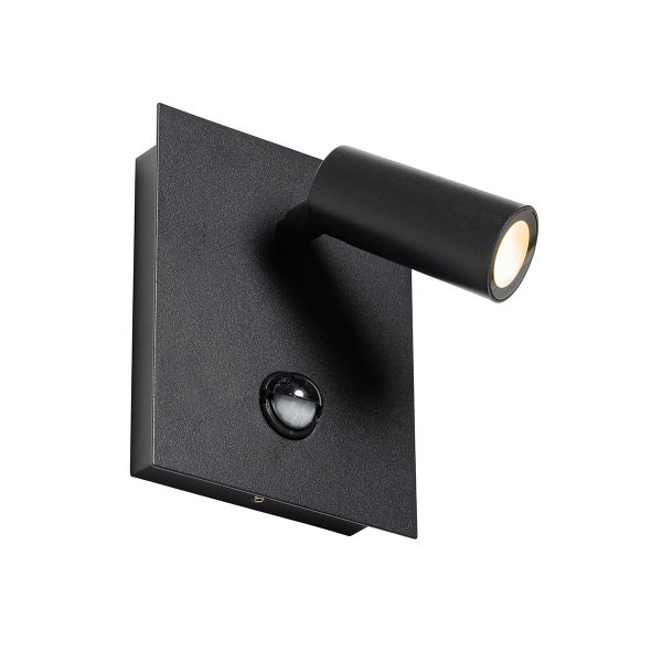 Schwarze Wandleuchte mit verstellbarem zylindrischem Spot und integriertem Bewegungsmelder auf quadratischer Basis.