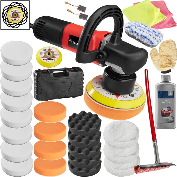 28-teiliges Exzenter Poliermaschinen-Set tectake  inklusive Lackpolitur, 2 Mikrofasertüchern, Wischer, Schwamm, Handschuh, 2 Ersatzkohlen und Transportkoffer 710 W rot