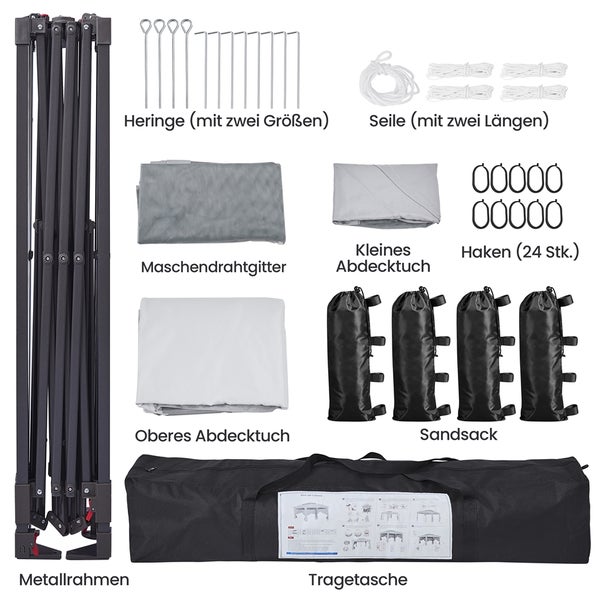 Zubehör für Faltzelt, bestehend aus Metallrahmen, Heringen, Seilen, Maschendrahtgitter, Abdecktüchern, Haken, Sandsäcken und Tragetasche