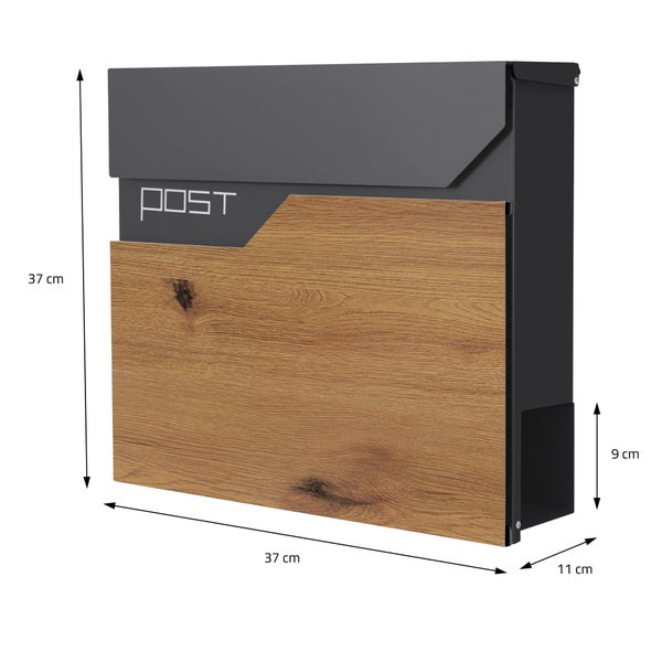 Briefkasten mit Aufschrift POST, Holzoptik-Front, Zeitungsfach, Maße: Höhe 37 Zentimeter, Breite 37 Zentimeter, Tiefe 11 Zentimeter.