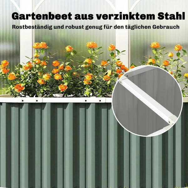 Gartenbeet aus verzinktem Stahl mit Wellblechprofil, bepflanzt mit Rosen und einer Detailansicht der stabilen Rahmenkonstruktion.