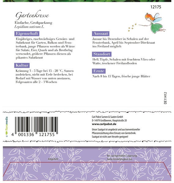 Rückseite einer Samentüte für Gartenkresse mit Informationen zu Aussaat, Standort und Ernte sowie Barcode und Herstellerangaben.