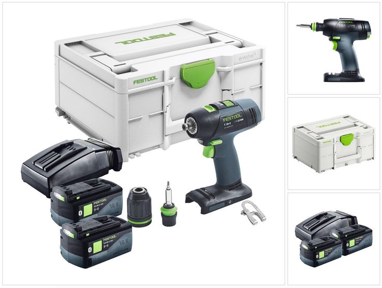 Festool T 18+3 Basic Akku Bohrschrauber 18 V 50 Nm Brushless + 2x Akku 5,0 Ah + Ladegerät + Systainer