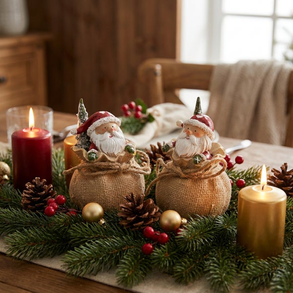 Weihnachtliche Tischdekoration mit zwei Weihnachtsmannfiguren in Jutetaschen, umgeben von Tannenzweigen, Zapfen, Beeren, Weihnachtskugeln und Kerzen.