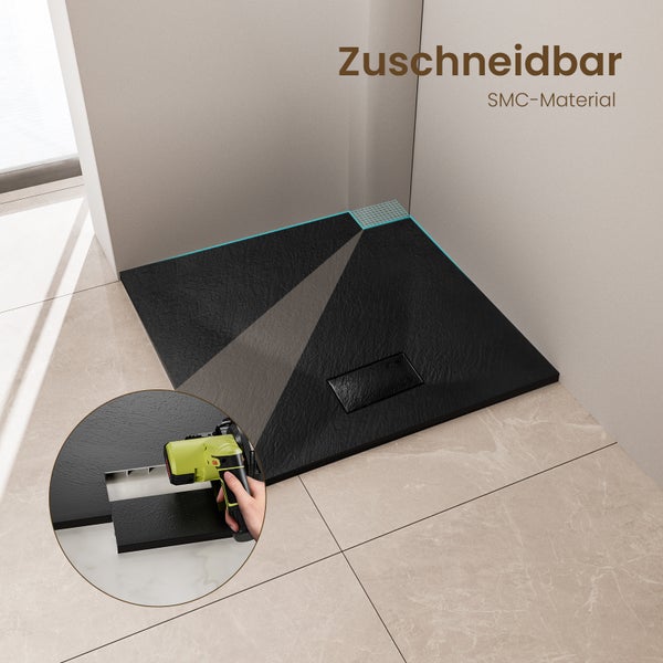 EMKE Duschkabinen-Set Eckeinstieg 90 x 90 x 185 cm, Schwenktür & Seitenwand, 6 mm ESG Sicherheitsglas, mit rundem Griff, inkl. Duschtasse Schwarz