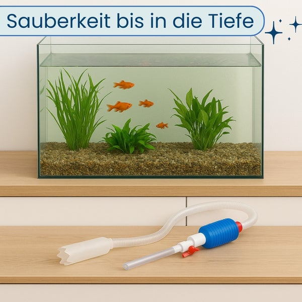 Aquarium mit Goldfischen, Pflanzen und Kies sowie eine Aquarium-Pumpe zur Reinigung
