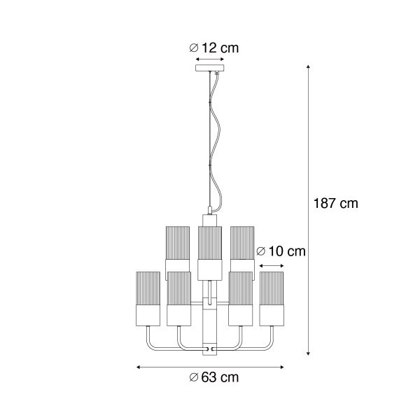 Technische Zeichnung einer Hängelampe mit den Maßen: Durchmesser 12 cm für die Deckenbefestigung, 187 cm Gesamtlänge, Durchmesser 10 cm für die Lampenschirme und 63 cm Durchmesser für den Lampenkörper.