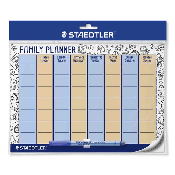 Staedtler Familienplaner Wochenplaner für sieben Tage, zweisprachig Deutsch und Englisch, mit Notizspalten und abwischbarem Lumocolor Stift.