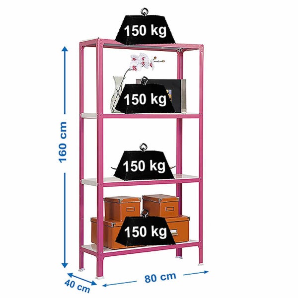Lagerregal aus Metall in Pink mit vier weißen Fachböden, 160 mal 80 mal 40 Zentimeter, Traglast 150 Kilogramm pro Boden.