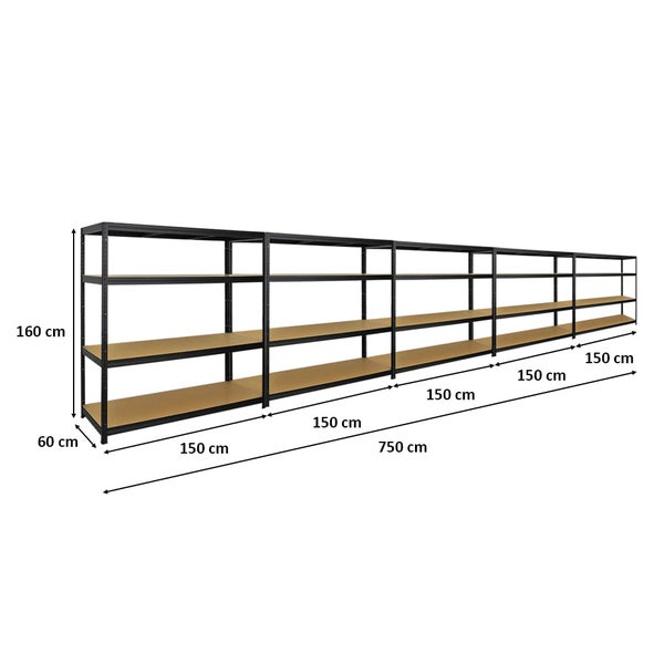 PROREGAL Mega Deal 5er-Set Schwerlastregal Giant Elephant 160x150x60cm mit 4 Ebenen Fachlast 200kg Schwarz