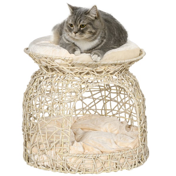 PawHut Katzenhaus aus Rattan, 42 x 42 x 40 cm, PE Rattan, Beige