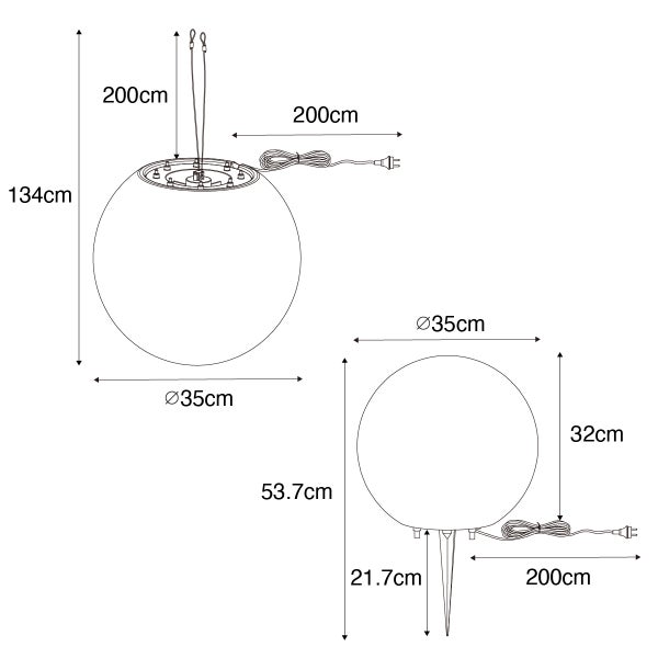 Maßzeichnung einer kugelförmigen Pendelleuchte und einer Kugelleuchte mit Erdspieß, Durchmesser 35 Zentimeter, Kabellänge 200 Zentimeter.