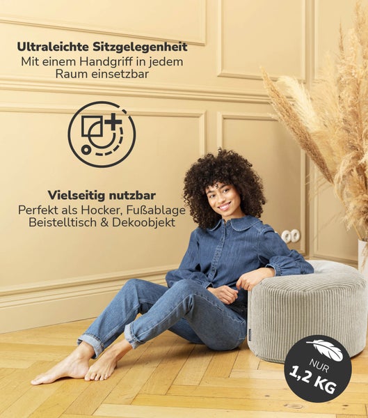 mokebo Pouf oder Sitzhocker aus Cord 'Der Faule Lenz', Fußhocker in Beige mit EPS-Perlen Füllung