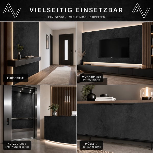Collage zeigt vielseitige Anwendung dunkler Wandpaneele in Steinoptik im Flur, Wohnzimmer hinter dem Fernseher, Aufzug, Rezeption und am Möbel.