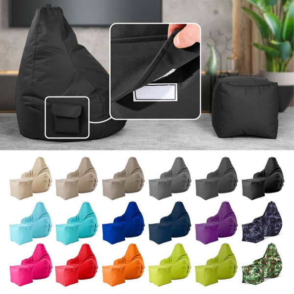 Green Bean 2er Set Sitzsack + Hocker - fertig befüllt - robust waschbar schmutzabweisend - Kinder & Erwachsene Bean Bag Bodenkissen Lounge Sitzhocker Relax-Sessel Gamer Gamingstuhl Pouf - Schwarz