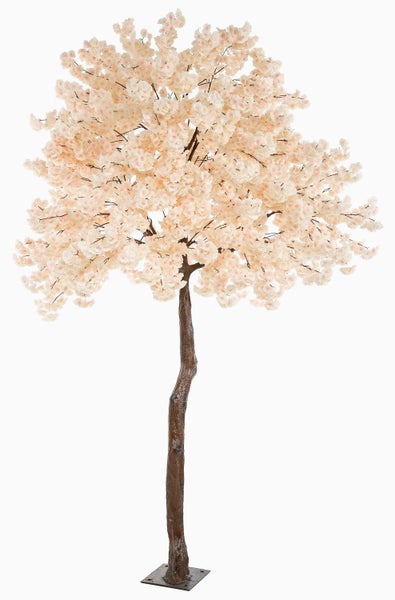 Künstlicher Kirschblütenbaum mit hellrosa Blüten, braunem Stamm und flacher Metallplatte als Ständer.