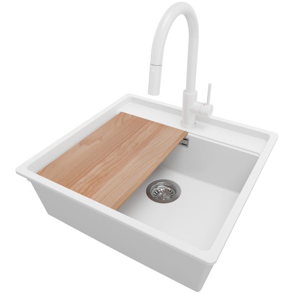 PRIMAGRAN Unterbauspüle Granit Weiß 56x53cm, Spülbecken 1 Becken + Küchenarmatur 40x20cm + Ablauf-Set + Schneidebrett, Granitspüle ab 60er Unterschrank - Bergen
