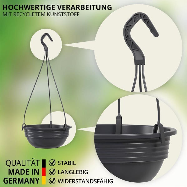 Hängeschale aus recyceltem Kunststoff mit stabiler Aufhängung, hergestellt in Deutschland, langlebig und widerstandsfähig für den Garten.