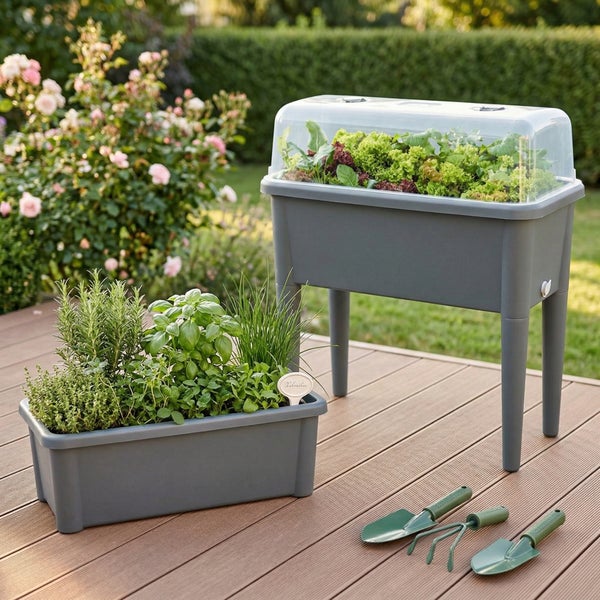 Graues Hochbeet mit transparenter Haube und Pflanzkasten mit Kräutern auf einer Holzterrasse im Garten mit Gartenwerkzeug.