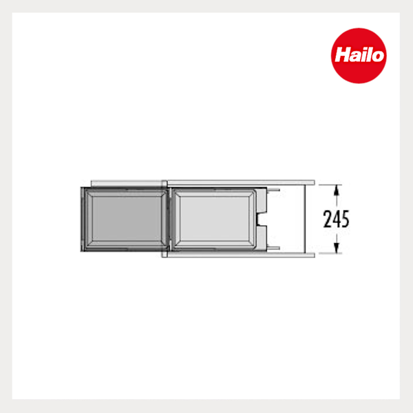 Hailo Logo und technische Zeichnung eines Abfalltrennsystems mit zwei Eimern und Maßangabe 245.