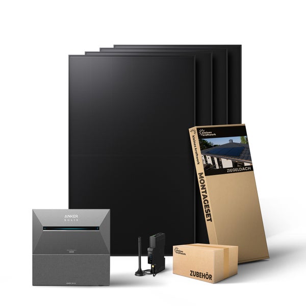 Balkonkraftwerk Set mit Anker Solix Solarbank, Solarpanelen und Montageset für Ziegeldächer inklusive Zubehör für die eigene Stromerzeugung.