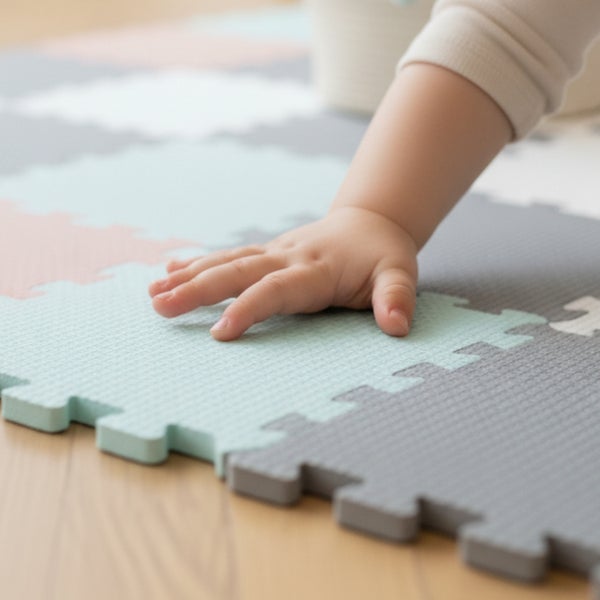 Babyhand auf einer Puzzle-Spielmatte aus weichem Schaumstoff mit strukturierter Oberfläche.